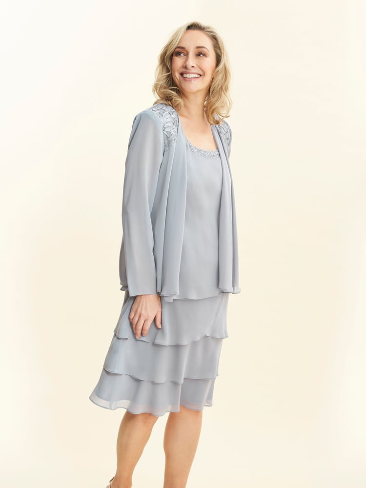 Gina Bacconi Grey Camira Lace Shoulder Bead Tier Jacket Dress - Image 1 of 6