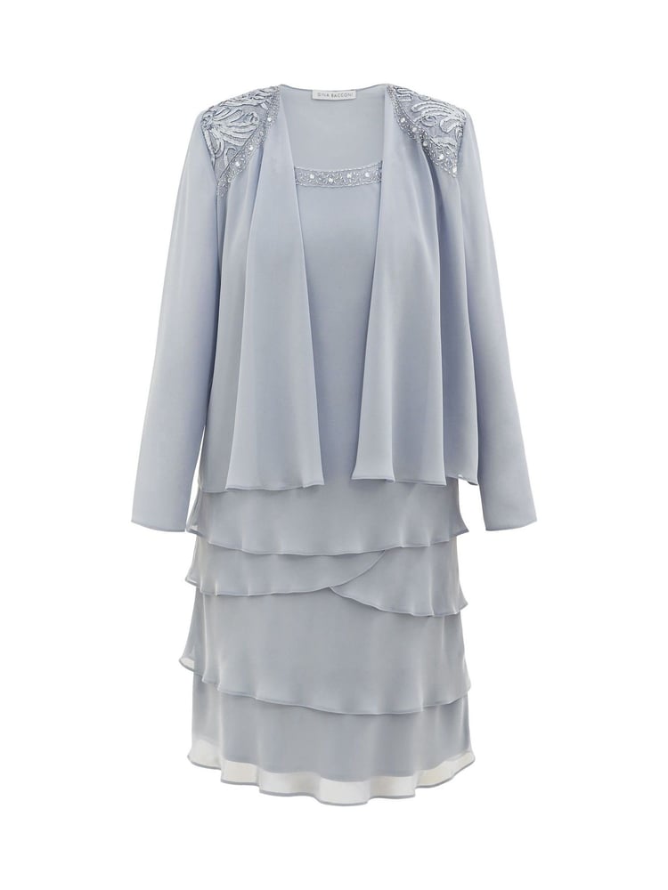 Gina Bacconi Grey Camira Lace Shoulder Bead Tier Jacket Dress - Image 6 of 6