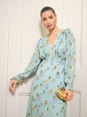 Love & Roses Green Spot Petite Metallic Crew Neck Short Sleeve Midi Dress - Image 2 of 4
