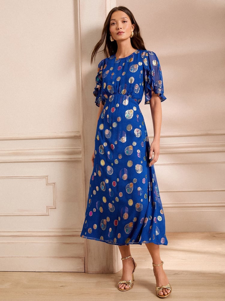 Love & Roses Cobalt Blue Spot Petite Metallic Crew Neck Short Sleeve Midi Dress - Image 1 of 4