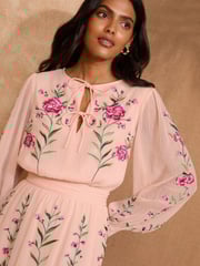 V&A I Love & Roses Pink Floral Petite Embroidered Tie Detail Long Sleeve Maxi Dress - Image 2 of 4