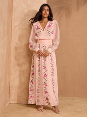 V&A I Love & Roses Pink Floral Embroidered Tie Detail Long Sleeve Maxi Dress - Image 1 of 4