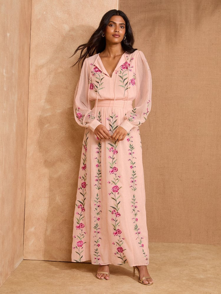 V&A I Love & Roses Pink Floral Embroidered Tie Detail Long Sleeve Maxi Dress - Image 1 of 4