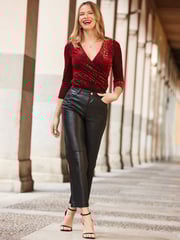 Sosandar Red Leopard Print Velvet Faux Fur Wrap Top - Image 3 of 4