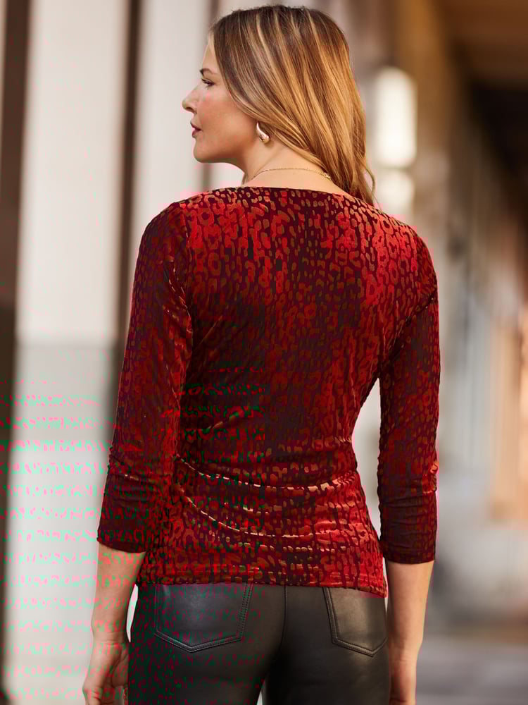 Sosandar Red Leopard Print Velvet Faux Fur Wrap Top - Image 4 of 4