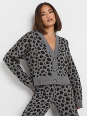 PixieGirl Petite Grey Leopard Print Knitted Cardigan - Image 1 of 5
