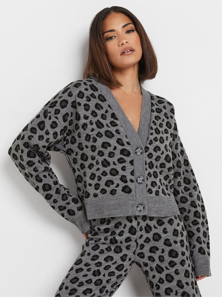 PixieGirl Petite Grey Leopard Print Knitted Cardigan - Image 1 of 5