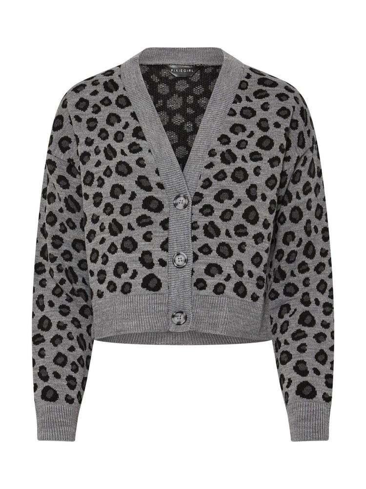 PixieGirl Petite Grey Leopard Print Knitted Cardigan - Image 5 of 5