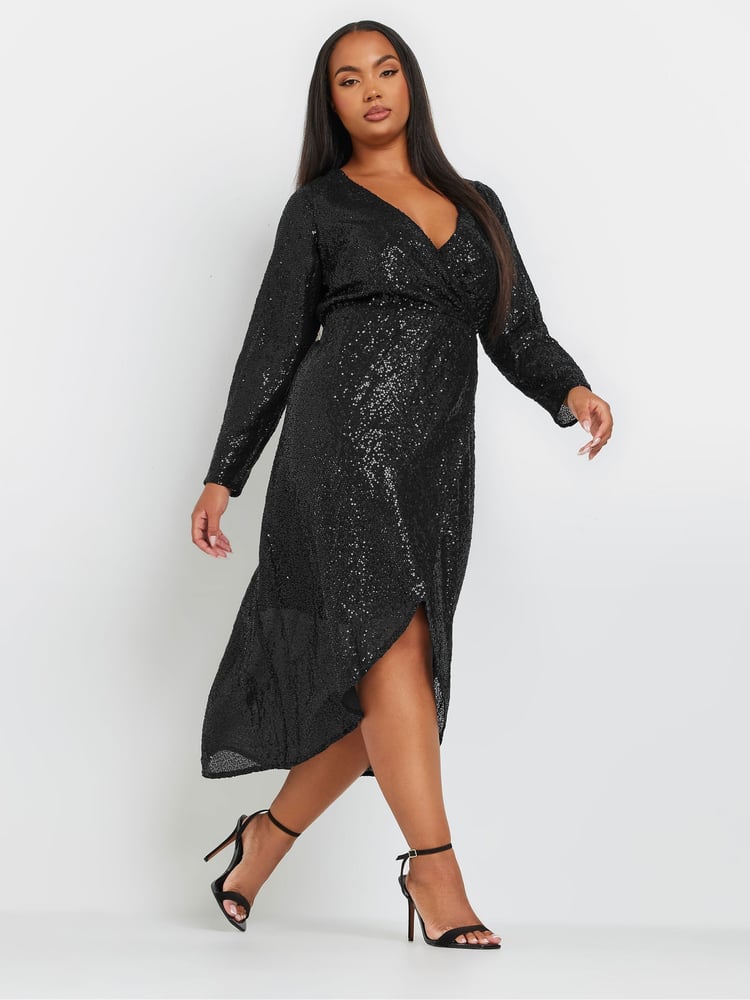 Yours Curve Black Limited Plunge Sequin Dress - Image 2 of 5