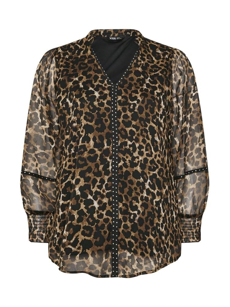 Yours Curve Brown Studded Tape Leopard Print Chiffon Blouse - Image 5 of 5