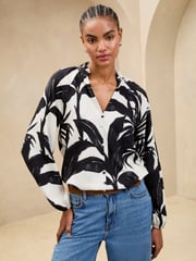 Lipsy Black/White Palm Print Button Detail Blouse - Image 1 of 4