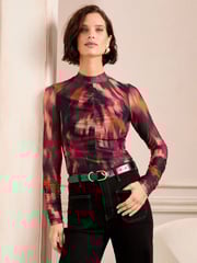 Love & Roses Pink and Orange Print Mesh Ruched Long Sleeve Top - Image 1 of 4