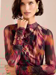 Love & Roses Pink and Orange Print Mesh Ruched Long Sleeve Top - Image 2 of 4