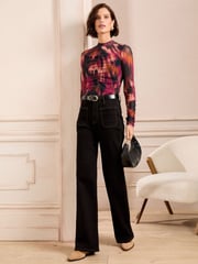 Love & Roses Pink and Orange Print Mesh Ruched Long Sleeve Top - Image 3 of 4