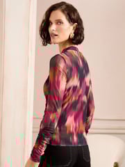 Love & Roses Pink and Orange Print Mesh Ruched Long Sleeve Top - Image 4 of 4