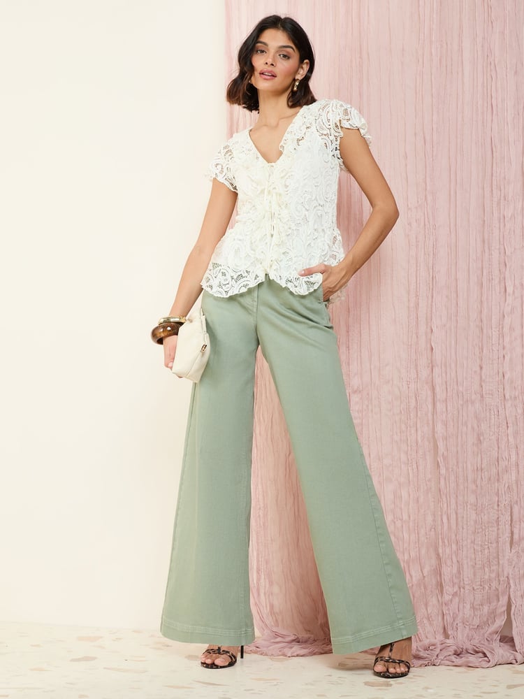 Friends Like These Cream Lace Ruffle Short Sleeve Blouse - Image 2 of 4