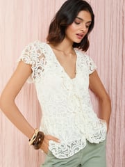 Friends Like These Cream Lace Ruffle Short Sleeve Blouse - Image 3 of 4