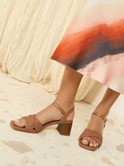 Friends Like These Tan Wide Fit Plait Weave Cross Strap Low Block Heel Faux Leather Sandals - Image 2 of 5