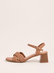 Friends Like These Tan Wide Fit Plait Weave Cross Strap Low Block Heel Faux Leather Sandals - Image 5 of 5