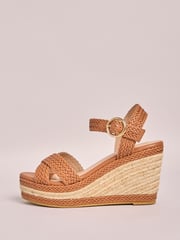 Friends Like These Brown Standard Fit Raffia Woven Strap Faux Leather Espadrille Wedge Sandals - Image 5 of 5
