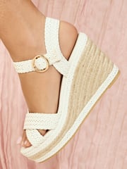 Friends Like These White Standard Fit Raffia Woven Strap Faux Leather Espadrille Wedge Sandals - Image 3 of 5