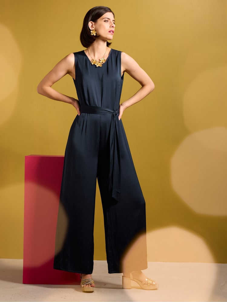 Seasalt Cornwall Blue Winter Honeysuckle Satin Sleeveless Jumpsuit - Image 1 of 6