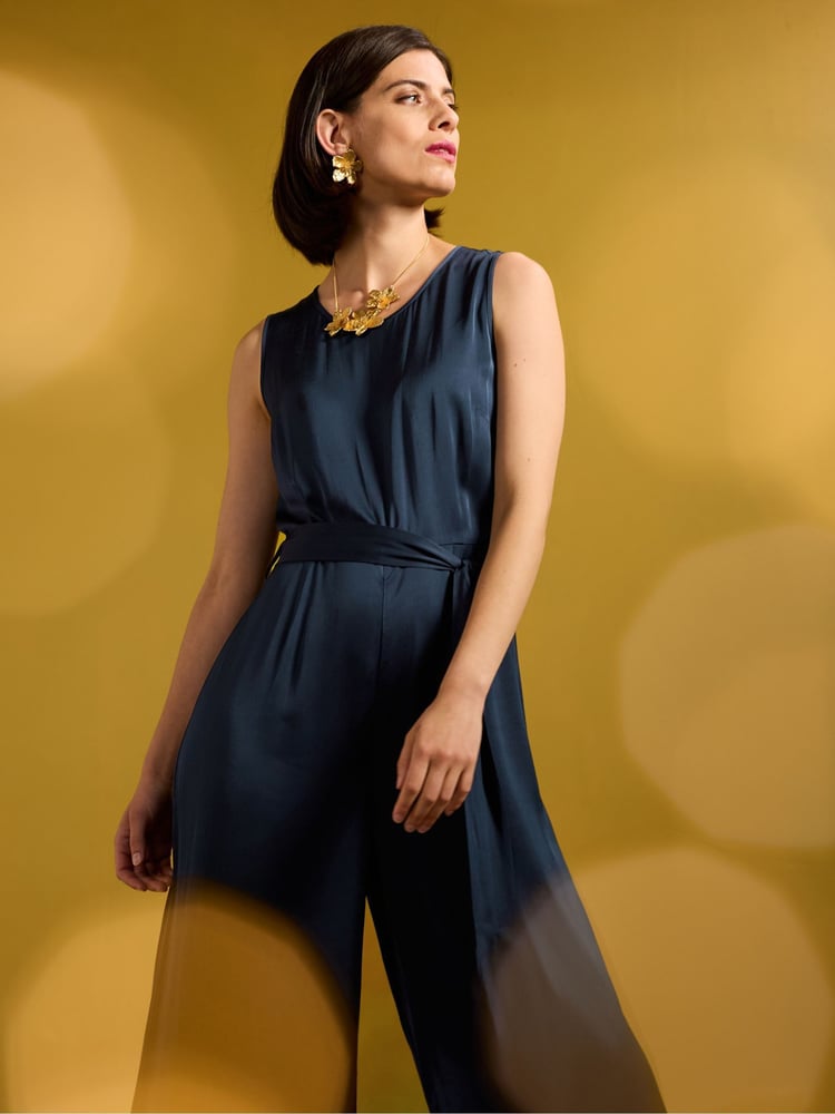 Seasalt Cornwall Blue Winter Honeysuckle Satin Sleeveless Jumpsuit - Image 2 of 6