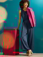 Seasalt Cornwall Blue Winter Honeysuckle Satin Sleeveless Jumpsuit - Image 4 of 6