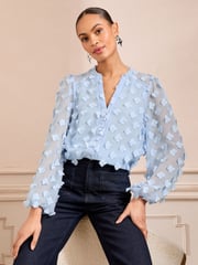Love & Roses Blue 3D Floral Print V-Neck Long Sleeve Blouse - Image 1 of 4