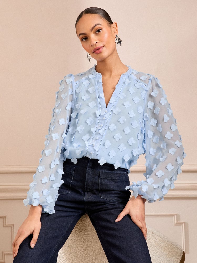 Love & Roses Blue 3D Floral Print V-Neck Long Sleeve Blouse - Image 1 of 4
