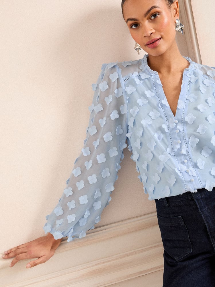 Love & Roses Blue 3D Floral Print V-Neck Long Sleeve Blouse - Image 2 of 4 Love & Roses Blue 3D Floral Print V-Neck Long Sleeve Blouse - Image 2 of 4