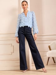 Love & Roses Blue 3D Floral Print V-Neck Long Sleeve Blouse - Image 3 of 4
