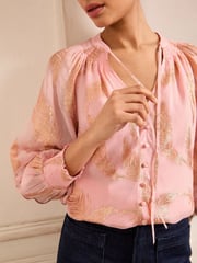 Love & Roses Blush Feather Petite Metallic Shirred Cuff Blouse - Image 2 of 4