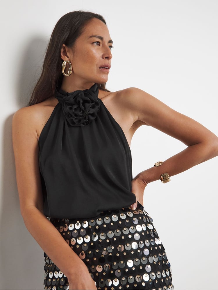 Joanna Hope Corsage Halter Black Neck Top - Image 1 of 4