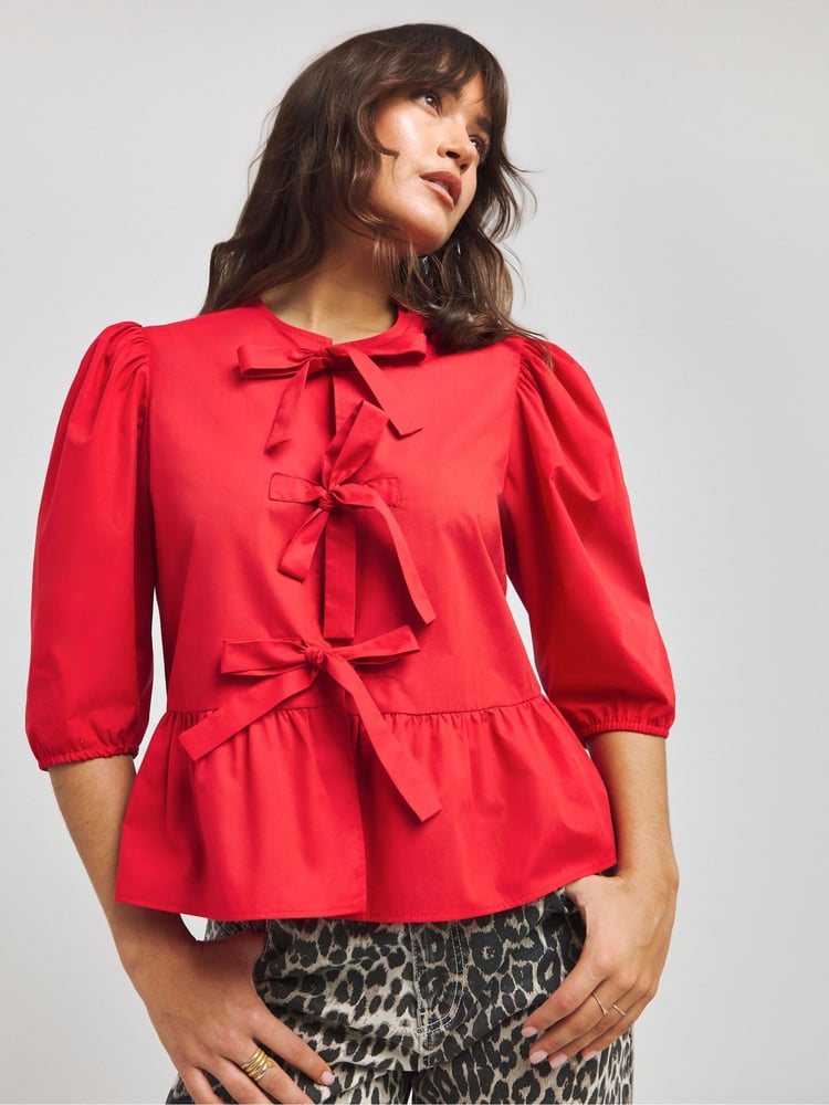 Simply Be Red Bow Front Puff Sleeve Smock Blouse - Image 1 of 4 Simply Be Red Bow Front Puff Sleeve Smock Blouse - Image 1 of 4