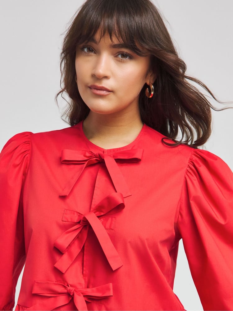 Simply Be Red Bow Front Puff Sleeve Smock Blouse - Image 4 of 4