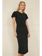 Yumi Black Ruched Waist Stretch Midi Dress - Image 1 of 5