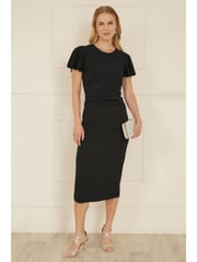 Yumi Black Ruched Waist Stretch Midi Dress - Image 2 of 5