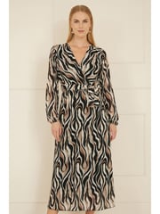 Yumi Black Animal Print Swirl Midi Wrap Dress - Image 1 of 5