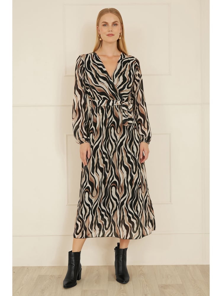 Yumi Black Animal Print Swirl Midi Wrap Dress - Image 2 of 5