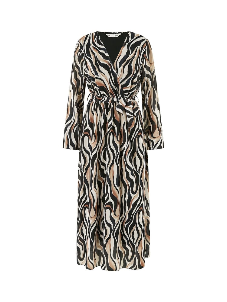 Yumi Black Animal Print Swirl Midi Wrap Dress - Image 5 of 5
