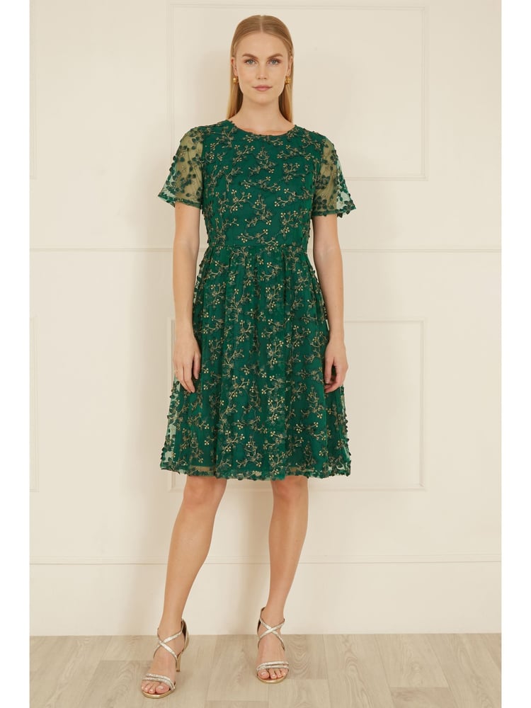 Yumi Green Embroidered Floral Skater Dress - Image 2 of 4