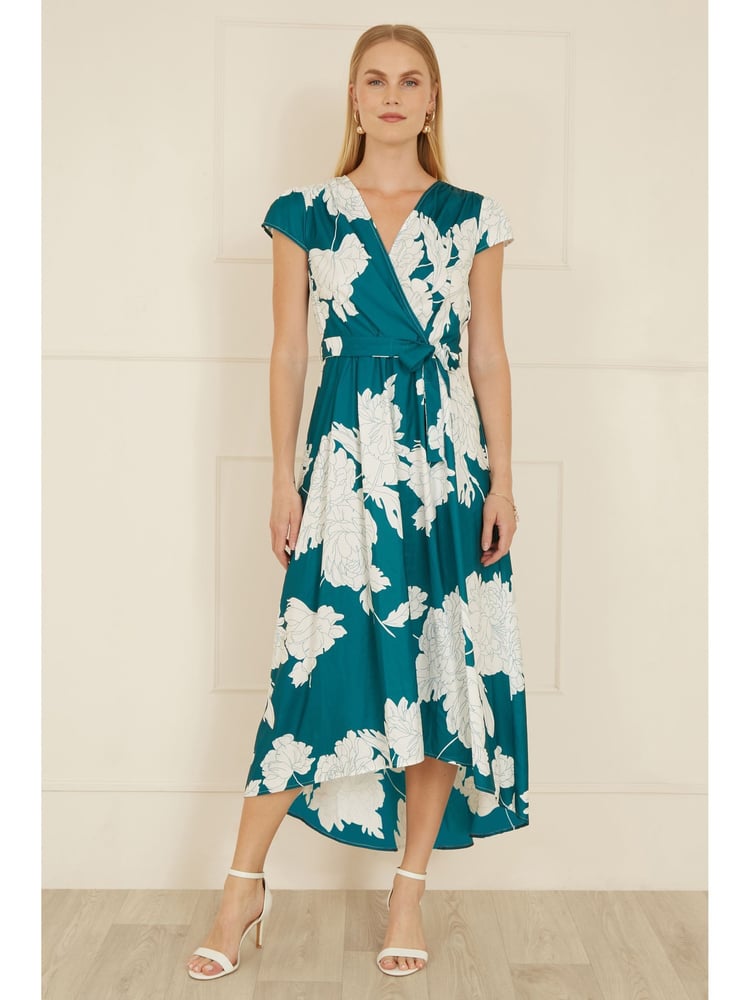 Yumi Green Blossom Print Wrap Midi Dress With Dipped Hem - Image 2 of 5