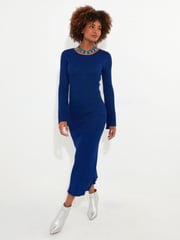 Joe Browns Blue Slim Fit Metallic Flared Sleeve Sparkle Knitted Midi Dress - Image 1 of 5