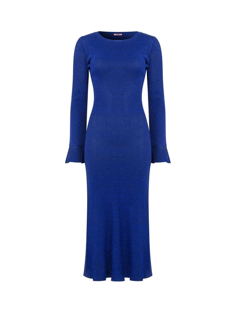 Joe Browns Blue Slim Fit Metallic Flared Sleeve Sparkle Knitted Midi Dress - Image 5 of 5