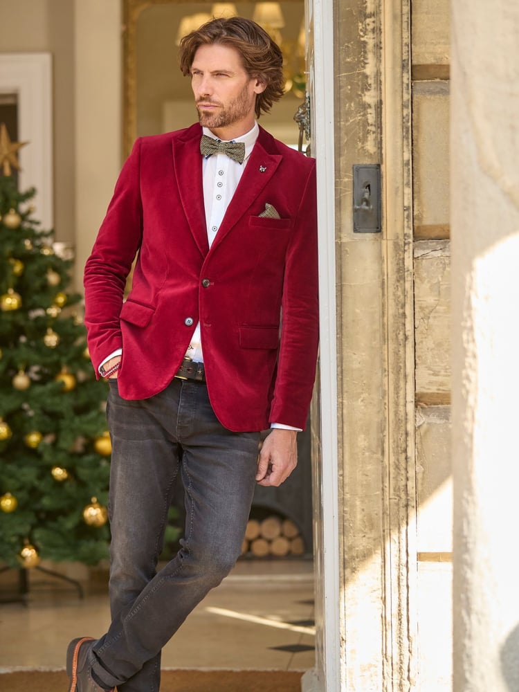 Joe Browns Red Bold Classic Velvet Suit Blazer with Contrast Lining - Image 1 of 7
