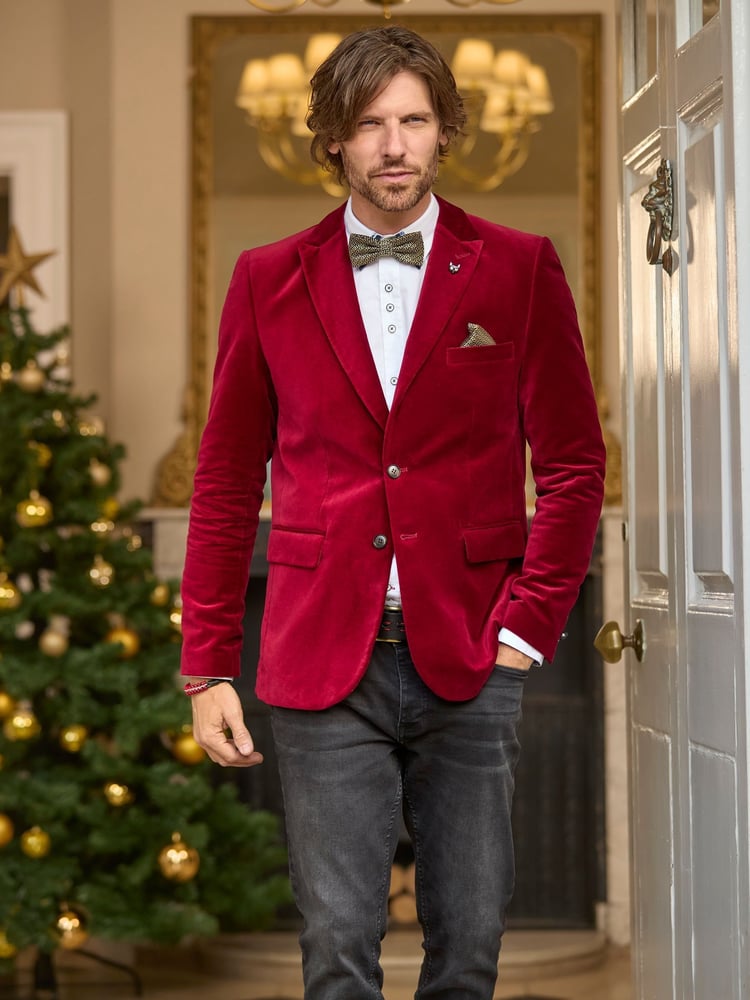 Joe Browns Red Bold Classic Velvet Suit Blazer with Contrast Lining - Image 2 of 7
