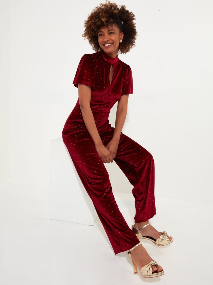 Joe Browns Red Sparkle Velour Flutter Sleeve Wide Leg Jumpsuit - Image 1 of 5