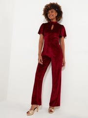 Joe Browns Red Sparkle Velour Flutter Sleeve Wide Leg Jumpsuit - Image 2 of 5