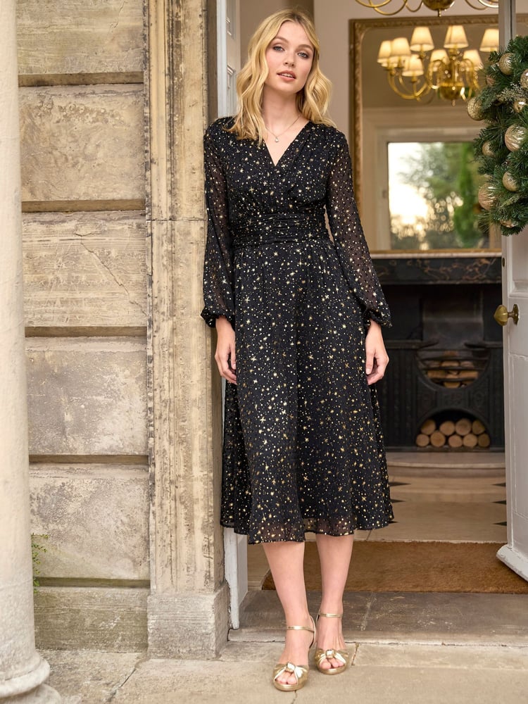 Joe Browns Black Festive Star Print Wrap Front Midi Dress - Image 1 of 7